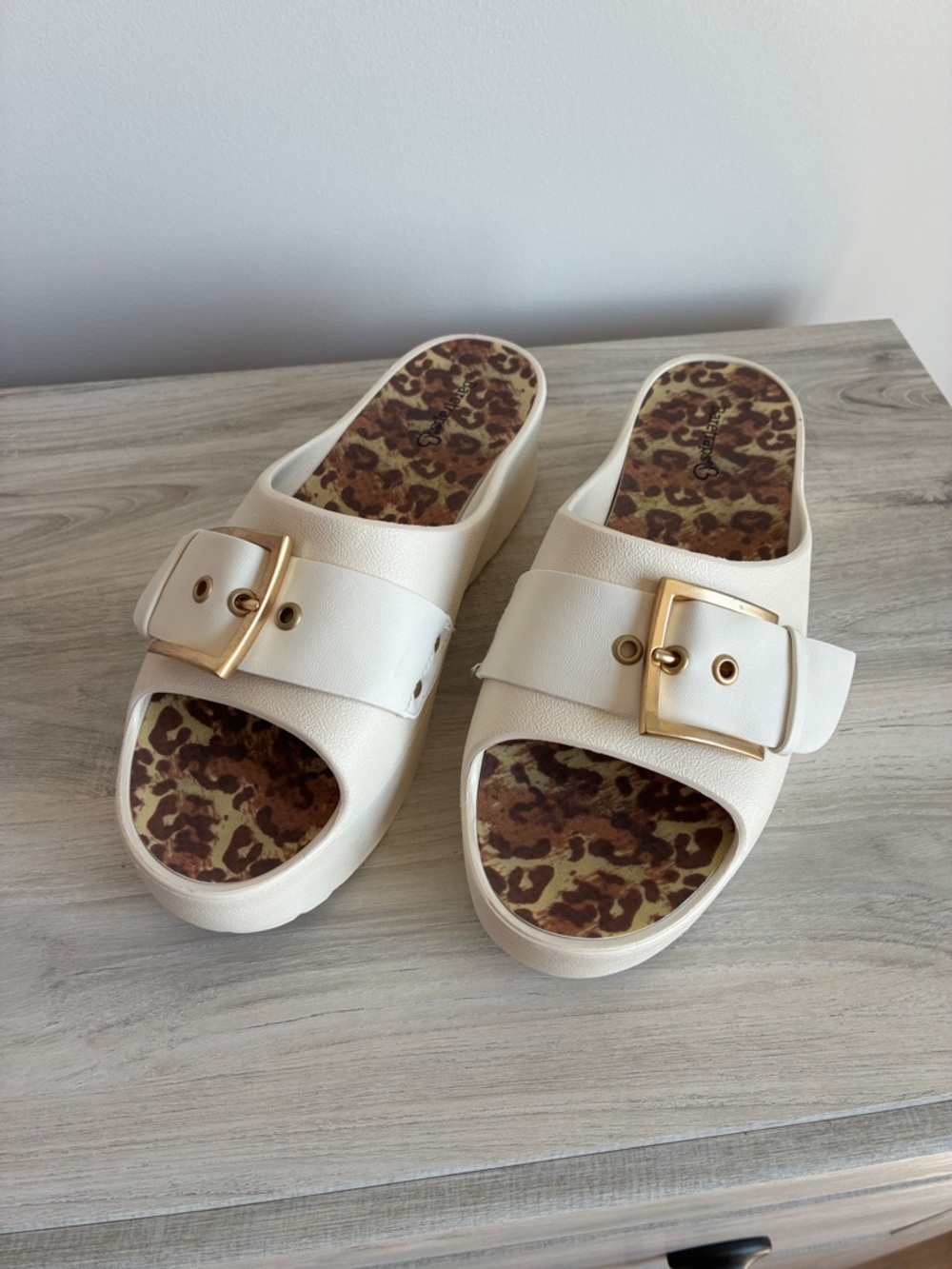 BareTraps Cream Slide Sandals with Gold Buckle & Leopard Insole